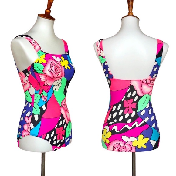 New! True Vintage🌸80s/90s Abstract Pop Art One Piece Swimsuit! - Picture 3 of 7